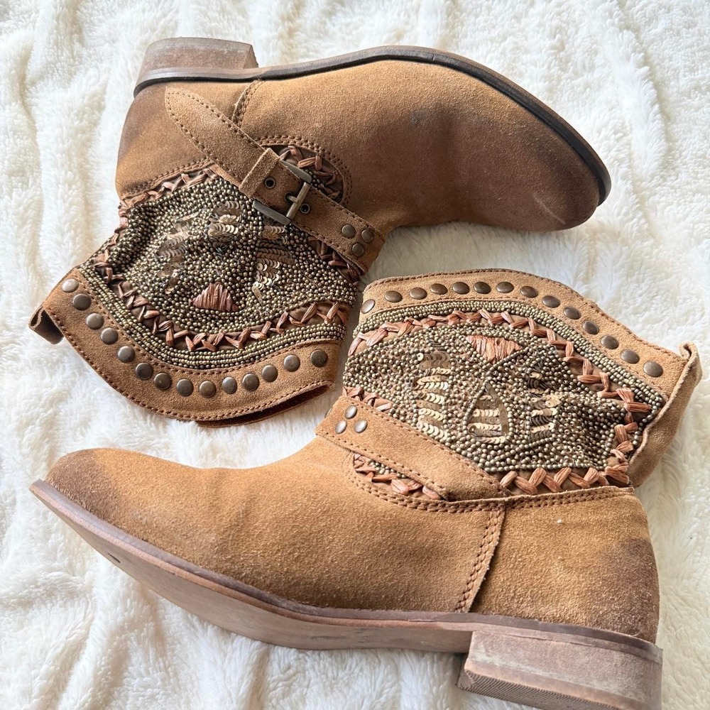 Naughty Monkey Suede Western Ankle Boots, Women's 10, Beaded Studded Boho